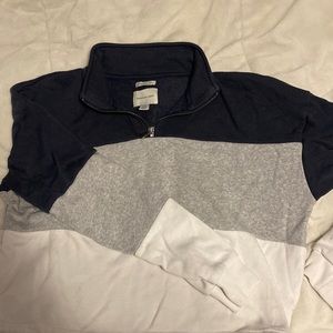 American Eagle cropped tri color quarter zip. (Grey, blue, white)